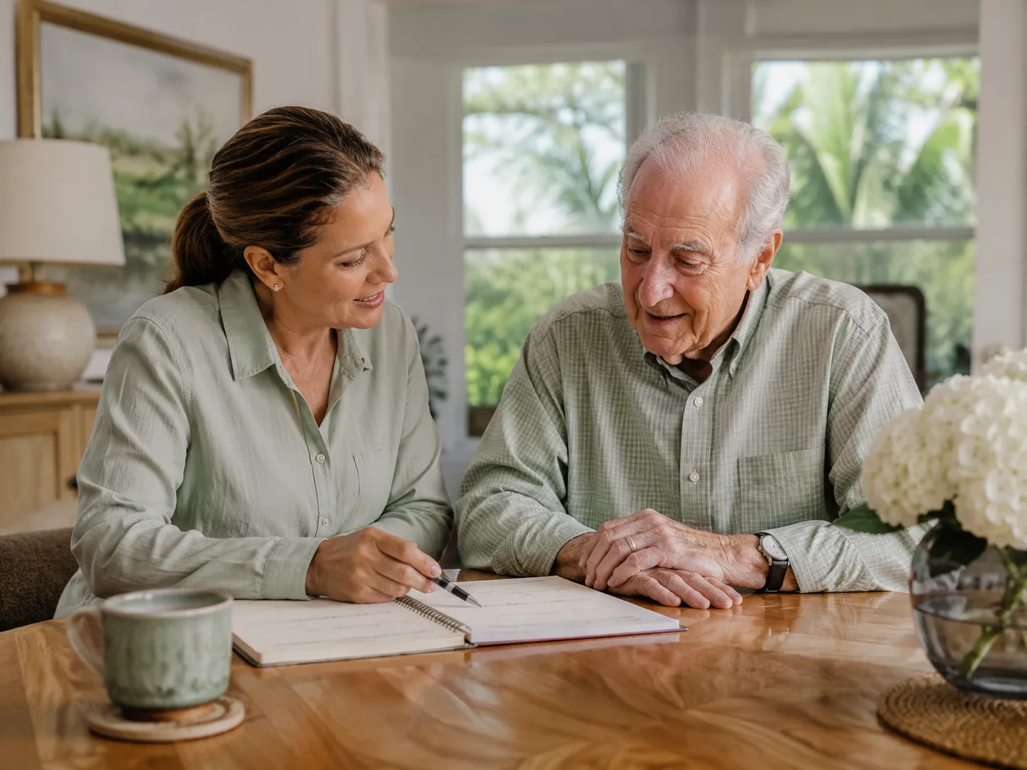 Caregiver reviewing a personalized daily care plan with an older adult