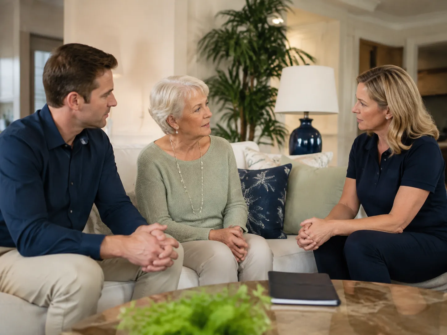 Caregiver and family member discussing a personalized care plan with an older adult