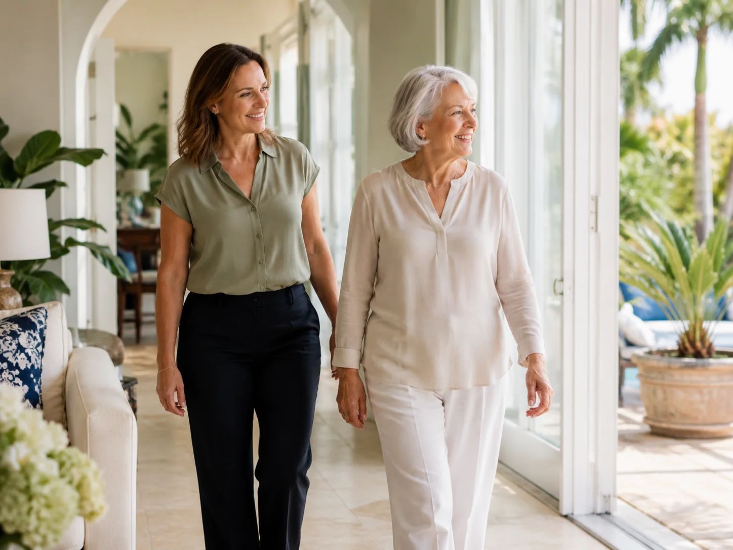 Compassionate caregiver walking alongside an older woman at home