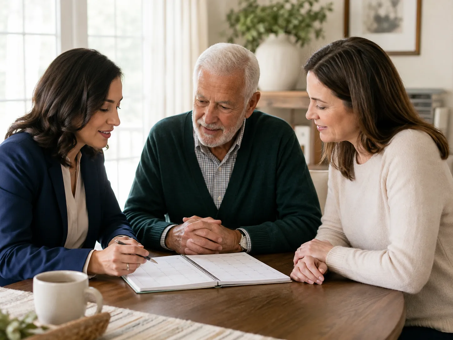 Care coordinator helping an older adult and family member plan a care schedule