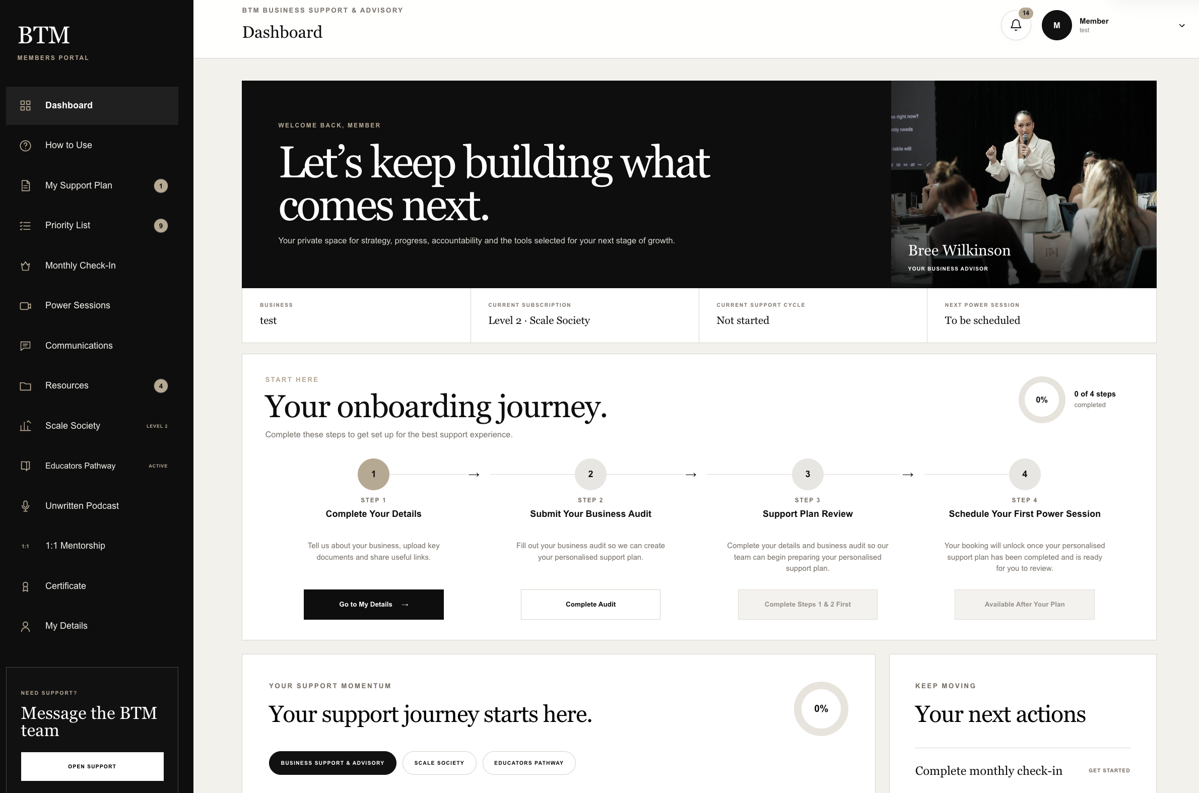 BTM Dashboard showing the Start Here onboarding journey