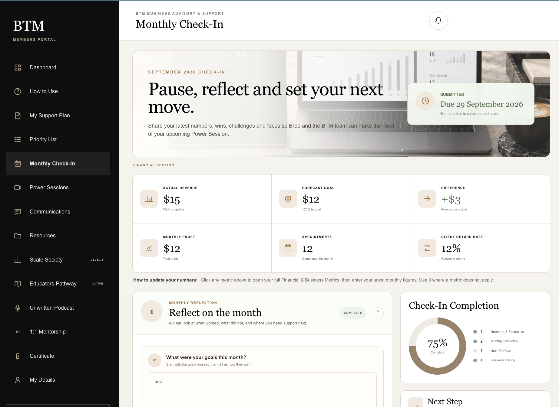 Real BTM portal monthly check-in and dashboard preview