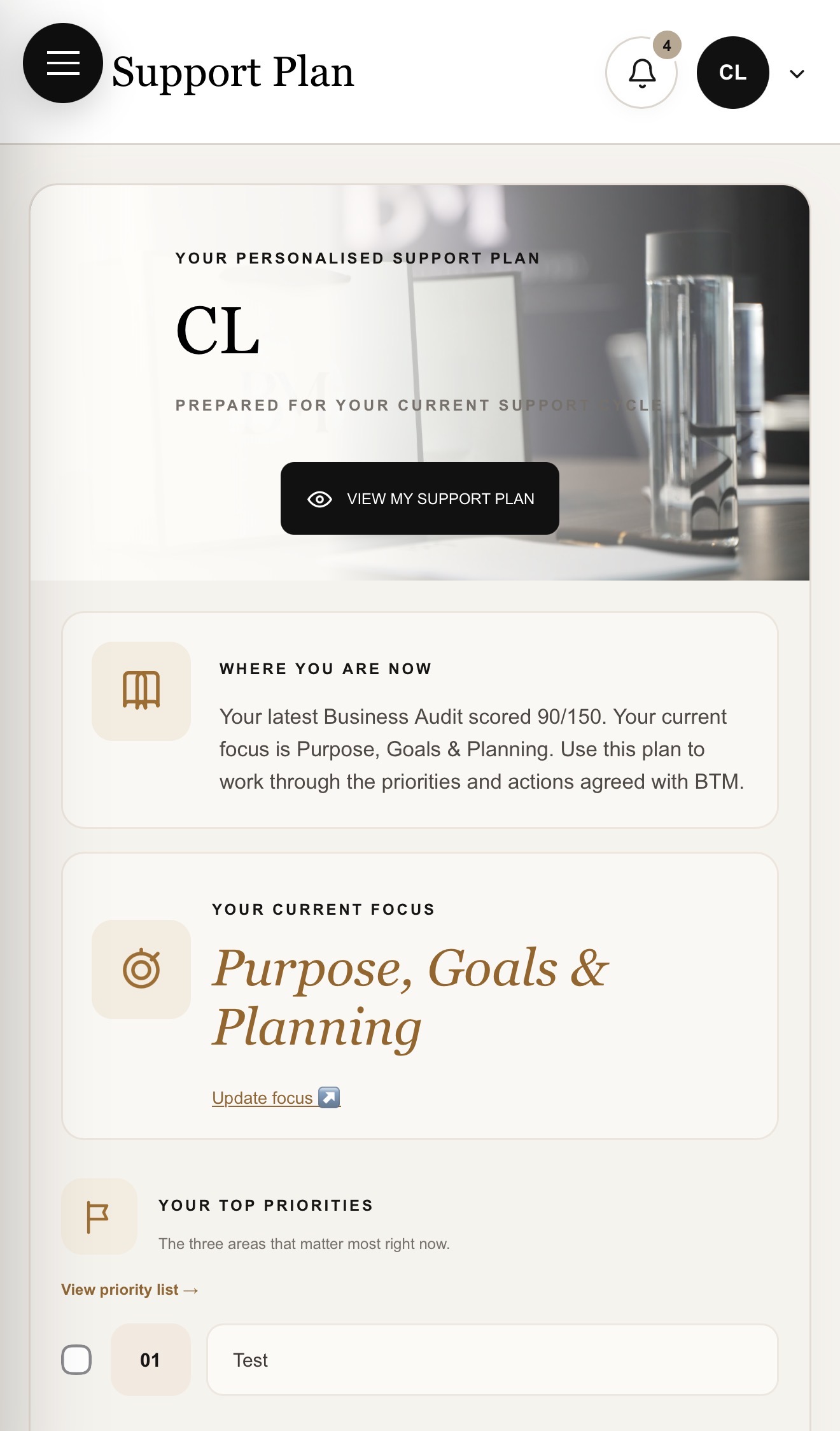 BTM My Support Plan portal screenshot