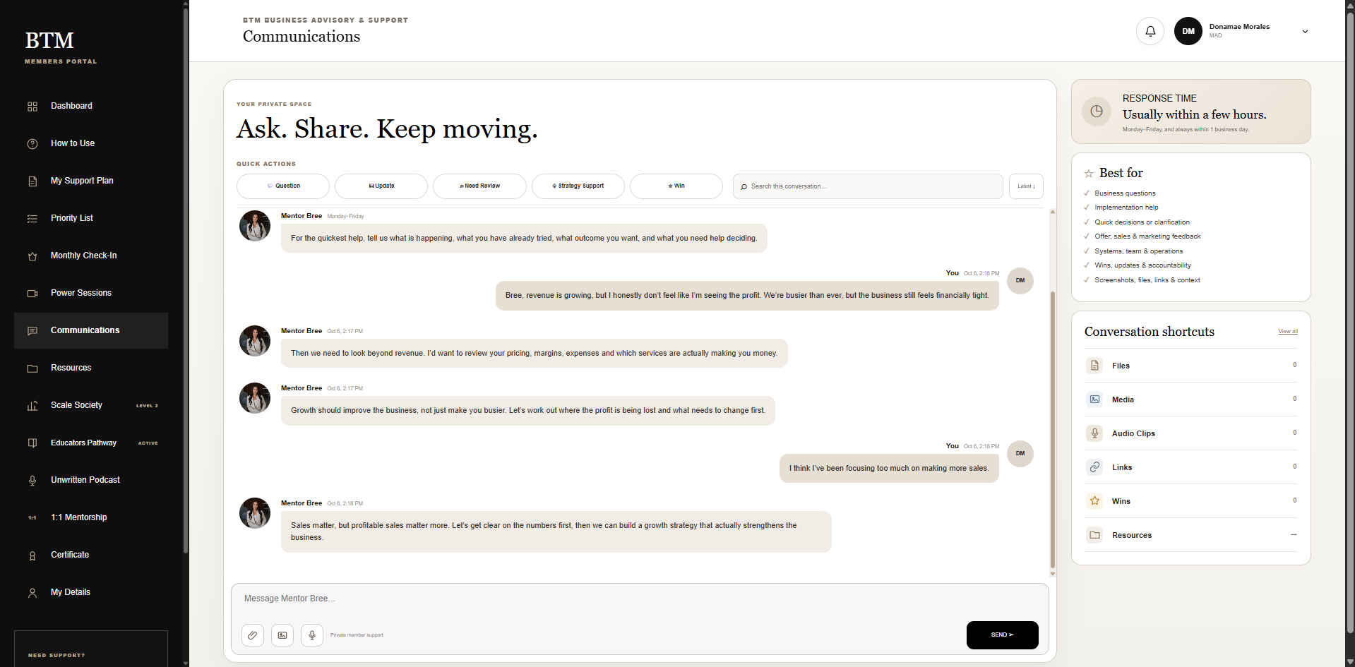 BTM Communications portal screenshot