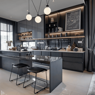 Stylish modern kitchen with island seating and black cabinetry