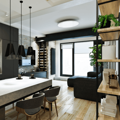 Contemporary kitchen remodel with pendant lighting and open shelving