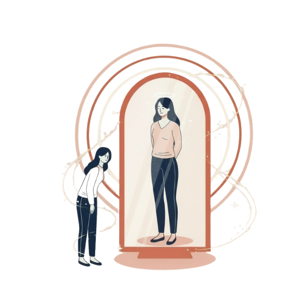 Illustration of a woman seeing a steadier version of herself reflected in a mirror