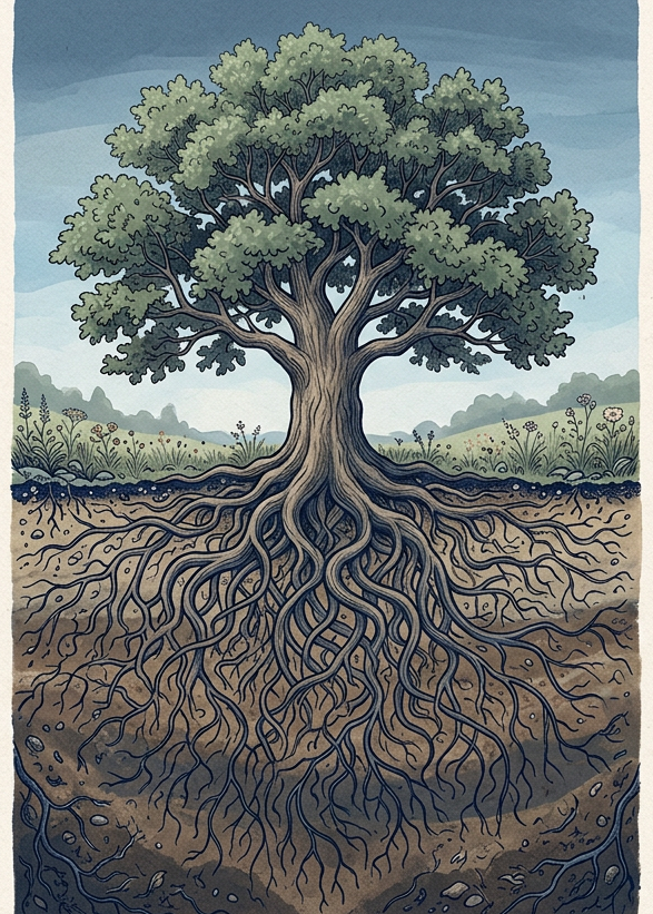 A tree with its canopy above ground and its roots below: the 20% you can see and the 80% that holds it up
