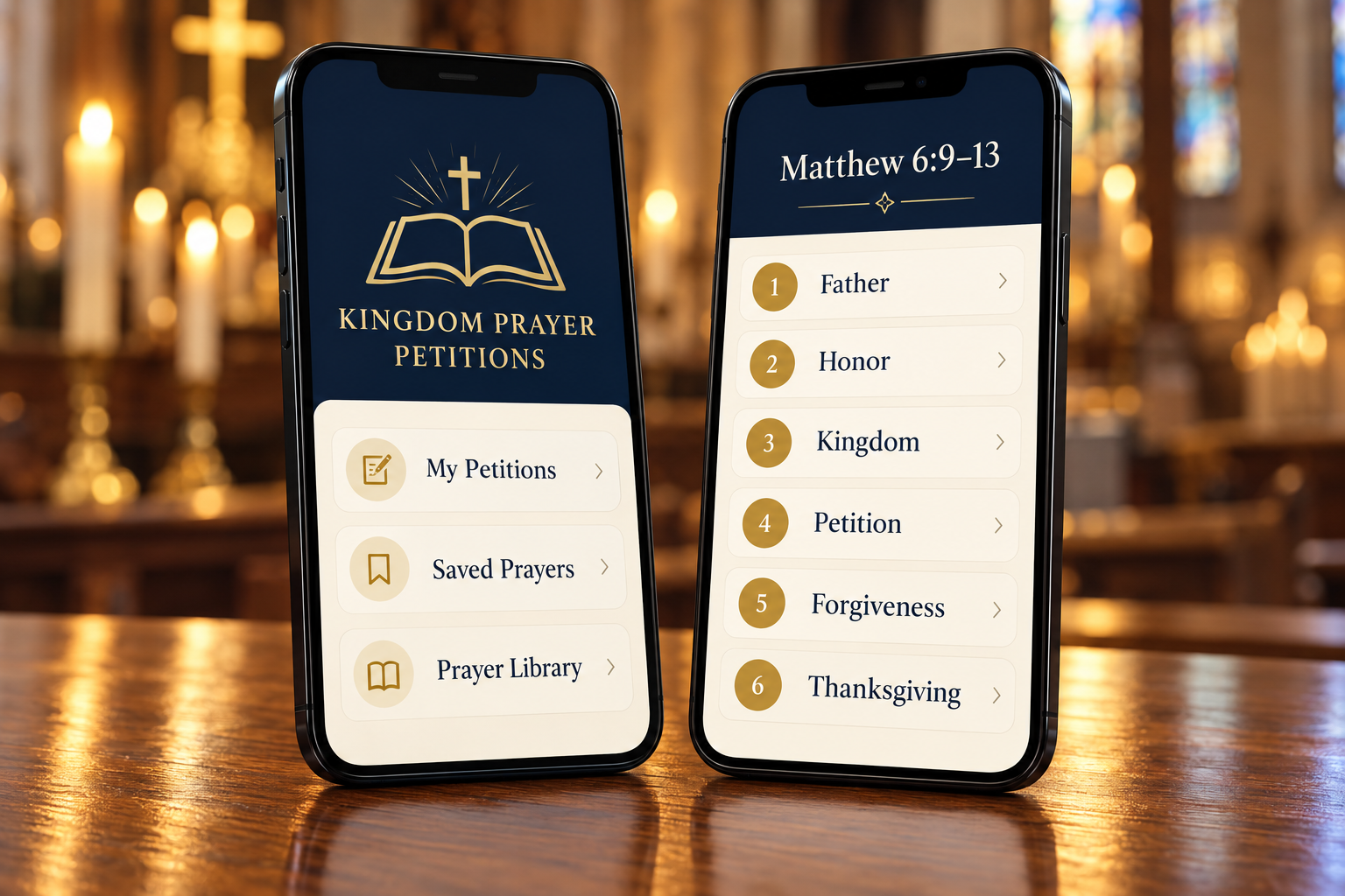 Illustrative preview of Kingdom Prayer Petitions on two smartphones