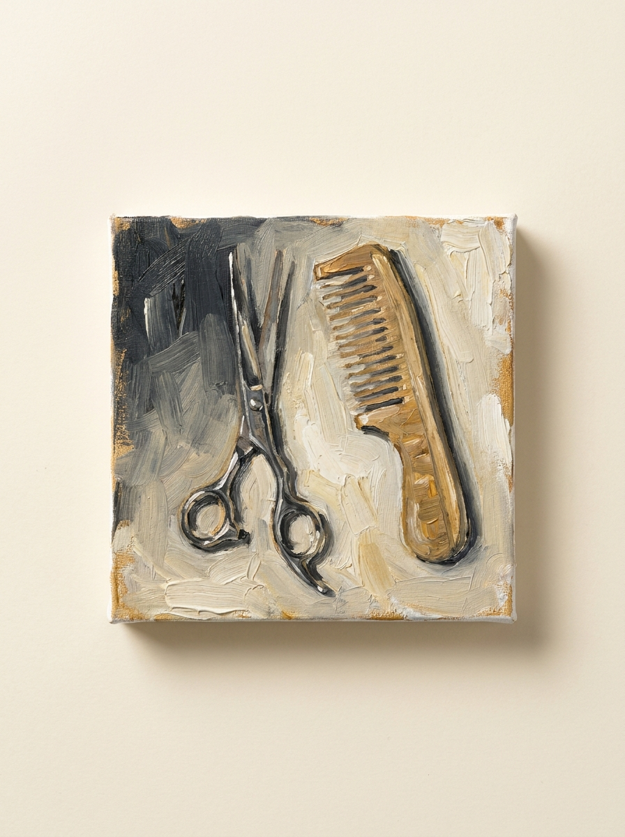 Painted illustration of scissors and comb, salon collection placeholder