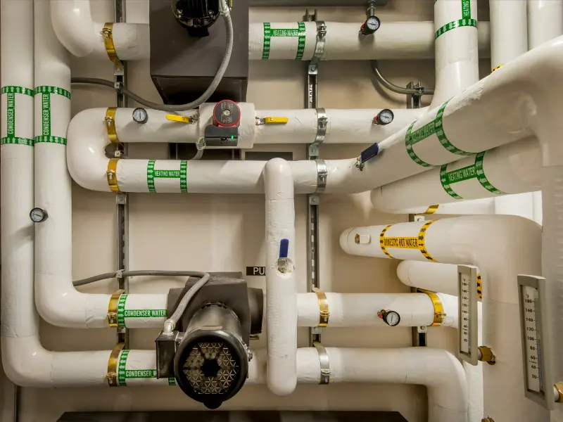 Insulated repiped water lines with labeled shutoff valves.