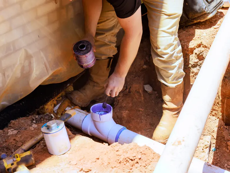 Plumber applying primer to a PVC pipe fitting on an outdoor plumbing job. Plumber applying primer to a PVC pipe fitting on an outdoor plumbing job.