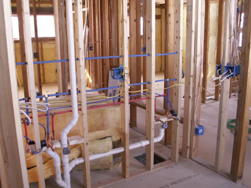 Rough-in plumbing pipes installed inside wall framing during construction.