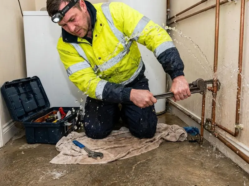 Emergency plumber in high-visibility jacket using a wrench to repair a burst copper pipe spraying water in a flooded utility room.