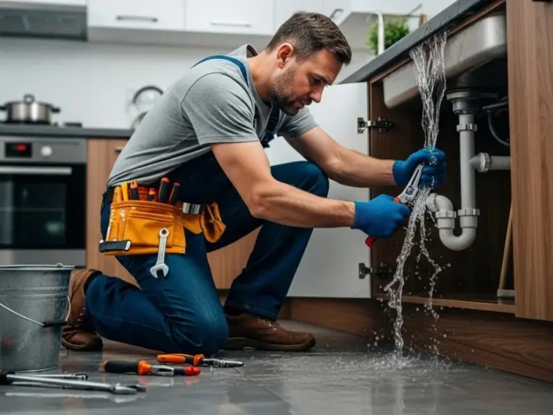 Emergency plumber in tool belt repairing a burst pipe under a kitchen sink with water spraying out.
