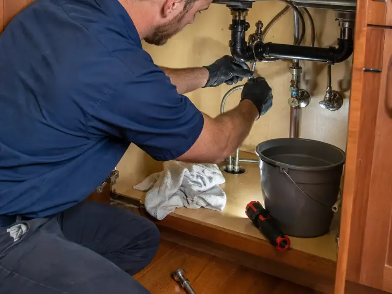 Plumber repairing pipes under a kitchen sink.