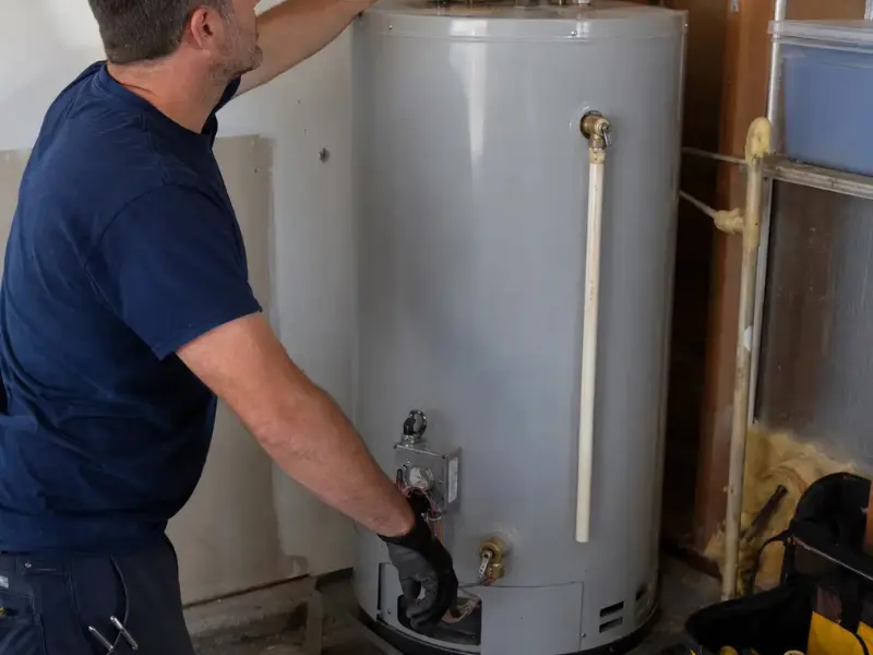 Plumber repairing a residential gas water heater.