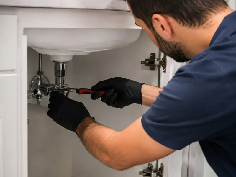 Plumber using a wrench to repair pipes under a bathroom sink. Plumber using a wrench to repair pipes under a bathroom sink.