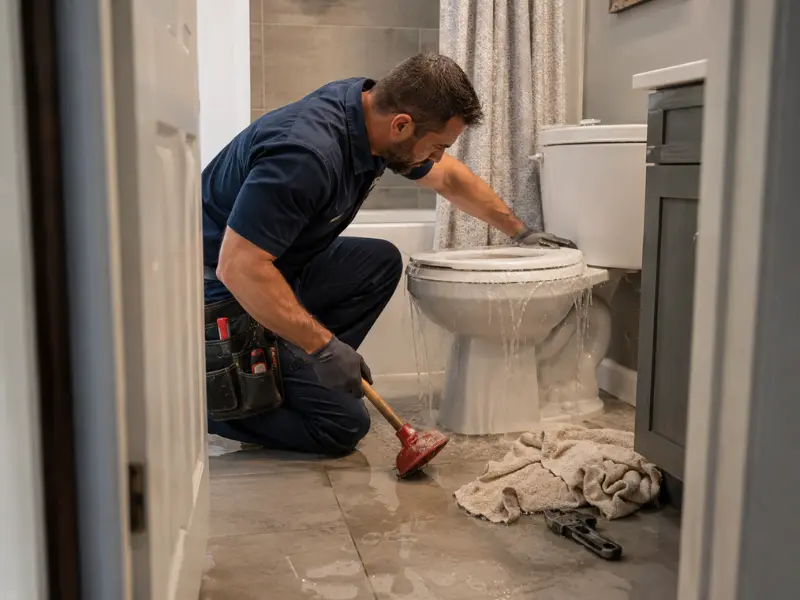 Emergency plumber using a plunger to clear an overflowing toilet with water spilling onto the bathroom floor.