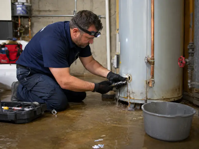Plumber wearing a headlamp repairing a leaking water heater in a flooded basement.