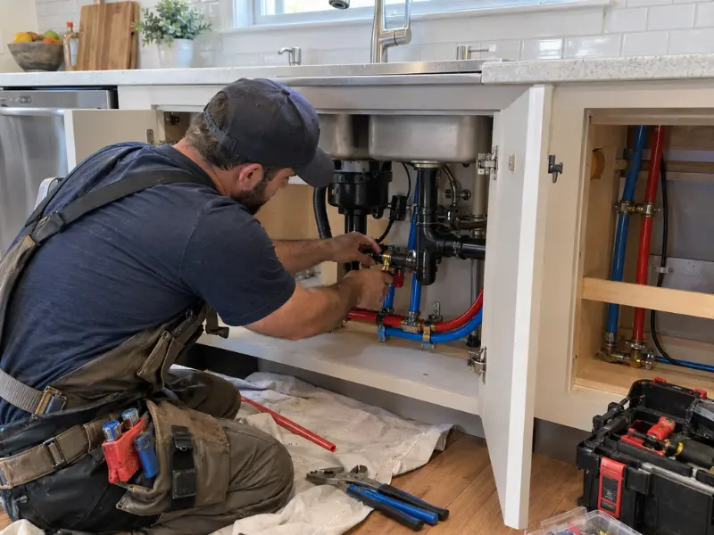 Plumber connecting PEX pipes under kitchen sink during home repipe installation. Plumber connecting PEX pipes under kitchen sink during home repipe installation.