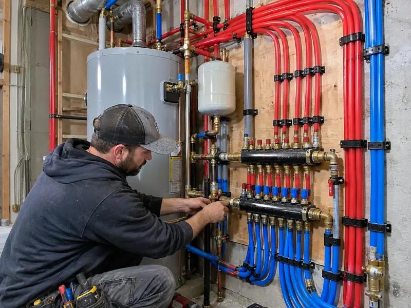 Plumber installing PEX manifold system with red and blue pipes connected to water heater during repipe. Plumber installing PEX manifold system with red and blue pipes connected to water heater during repipe.