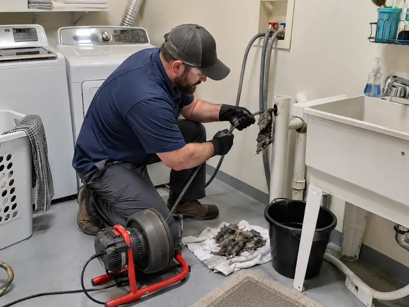 Plumber removing a thick clog of hair and debris from a laundry room drain pipe with a drain auger. Plumber removing a thick clog of hair and debris from a laundry room drain pipe with a drain auger.