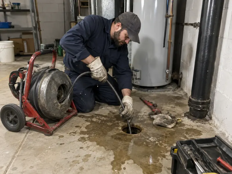 Technician snaking a floor drain in a basement utility room near a water heater. Technician snaking a floor drain in a basement utility room near a water heater.