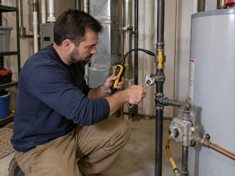 Technician using an electronic gas leak detector and wrench to check a gas shutoff valve and fittings near a residential water heater.