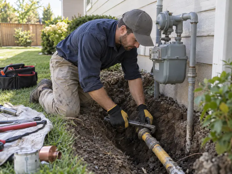 Plumber in gloves and cap installing a yellow-coated gas line in an outdoor trench beside a home's gas meter.