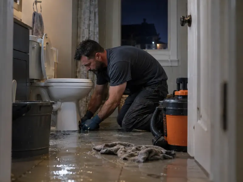 Emergency plumber kneeling on flooded bathroom floor cleaning up overflow from a toilet at night, with wet-dry vacuum and towels nearby.