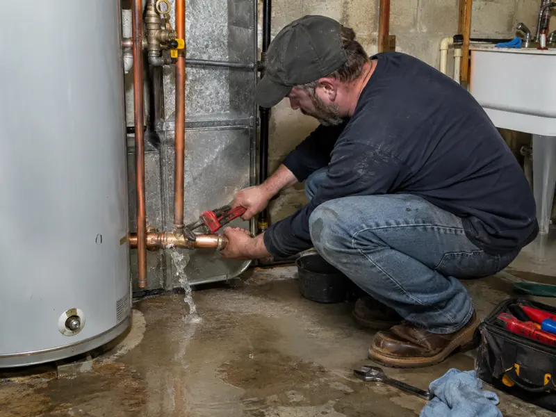 Plumber in a basement using a pipe wrench to fix a leaking copper pipe near a water heater, with water spraying onto the floor.