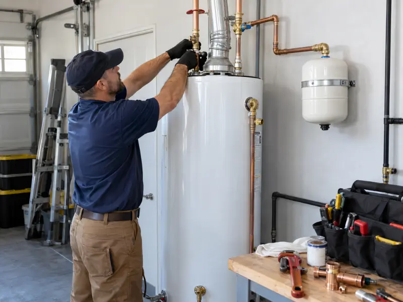 Plumber installing a tank water heater in a garage, connecting copper piping and an expansion tank.
