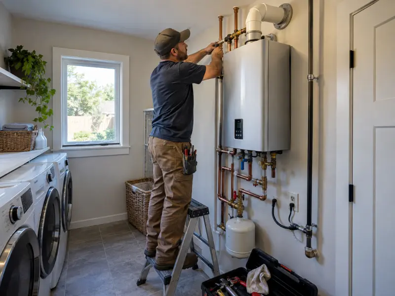 Technician standing on a step ladder installing a tankless water heater on a laundry room wall with copper piping connections.