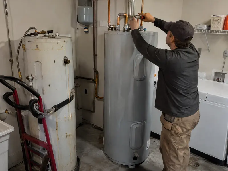 Technician adjusting the top fittings on a newly installed water heater next to the old unit. Technician adjusting the top fittings on a newly installed water heater next to the old unit.