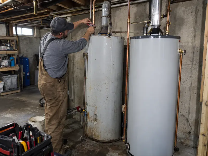 Plumber connecting copper pipes to a new water heater beside an old rusted unit in a basement. Plumber connecting copper pipes to a new water heater beside an old rusted unit in a basement.