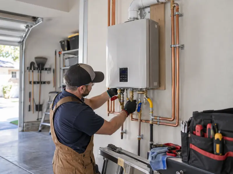 Plumber installing a tankless water heater in a garage, connecting copper piping and shutoff valves to the wall-mounted unit. Plumber installing a tankless water heater in a garage, connecting copper piping and shutoff valves to the wall-mounted unit.