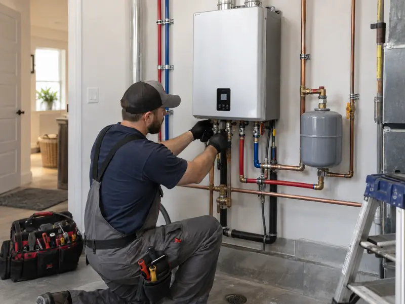 Plumber kneeling to install a tankless water heater near a home entryway, connecting color-coded PEX and copper lines to the expansion tank. Plumber kneeling to install a tankless water heater near a home entryway, connecting color-coded PEX and copper lines to the expansion tank.