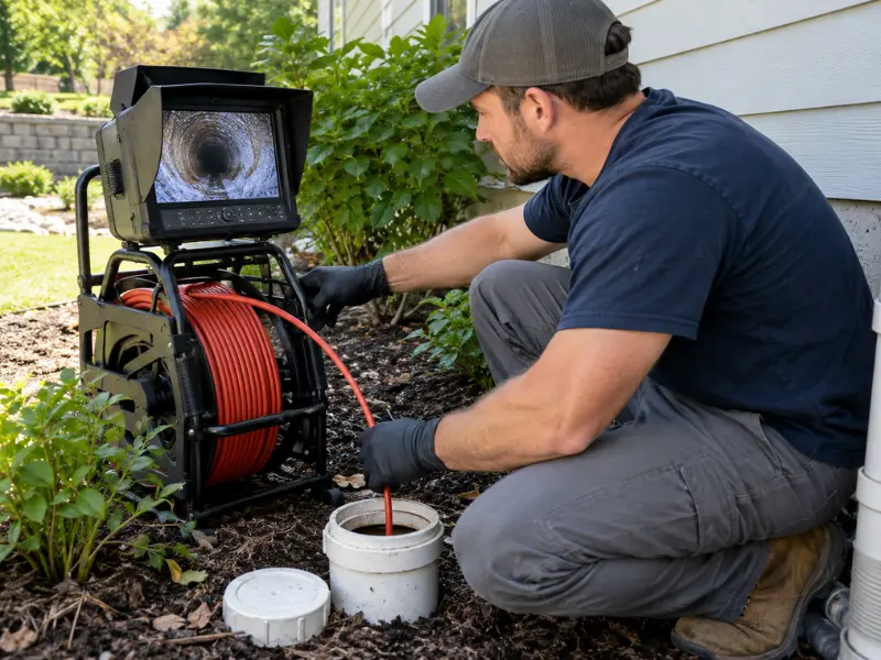 Plumber feeding a sewer inspection camera into a cleanout while the monitor shows the inside of the pipe. Plumber feeding a sewer inspection camera into a cleanout while the monitor shows the inside of the pipe.