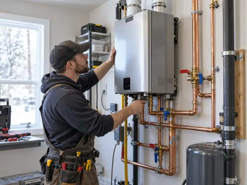 Plumber installing a wall-mounted tankless water heater with copper piping and gas line connections. Plumber installing a wall-mounted tankless water heater with copper piping and gas line connections.
