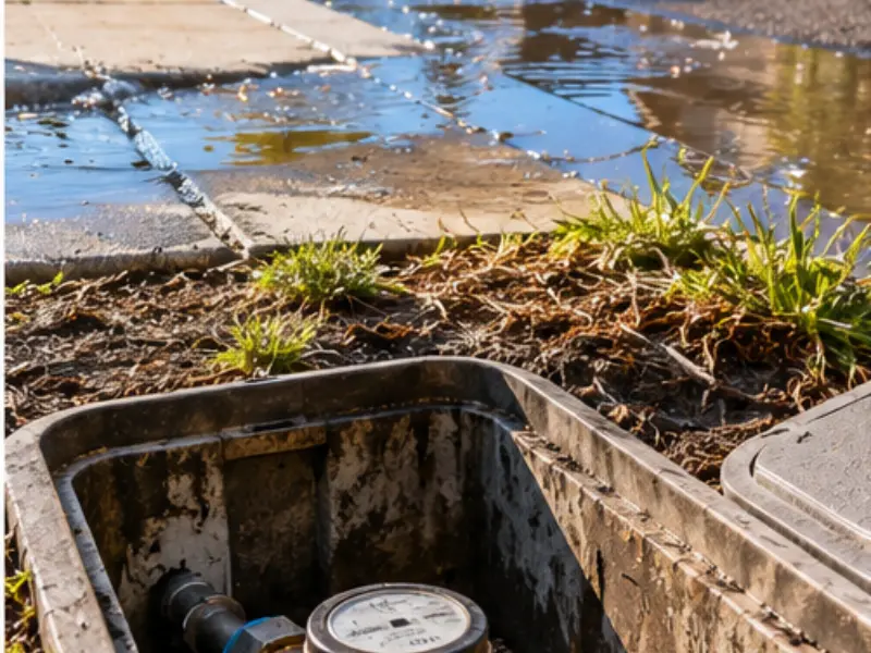 Water meter box beside a sidewalk with water pooling on the pavement, showing a leak on the city side of the meter.. Water meter box beside a sidewalk with water pooling on the pavement, showing a leak on the city side of the meter..