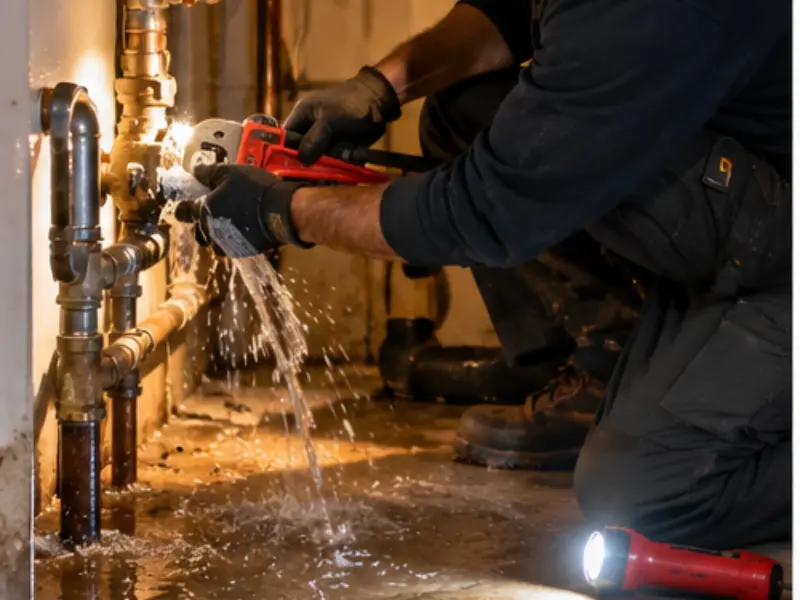 Emergency plumber wearing gloves and using a red pipe wrench on a leaking basement pipe with water spraying onto a flooded floor.. Emergency plumber wearing gloves and using a red pipe wrench on a leaking basement pipe with water spraying onto a flooded floor..