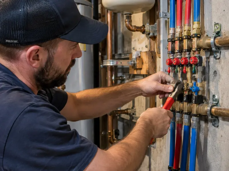 Plumber tightening shutoff valves on a PEX water manifold next to a water heater in Bellevue, WA.