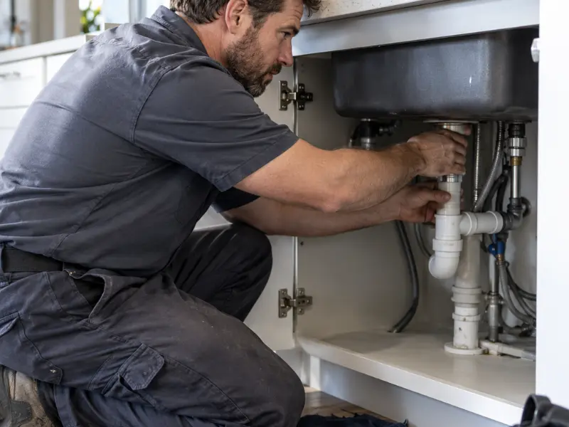 Plumber repairing the drain trap and supply lines under a kitchen sink in a Bellevue, WA home.