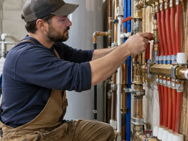 Plumber in work overalls adjusting valves on a copper and red PEX pipe manifold system.