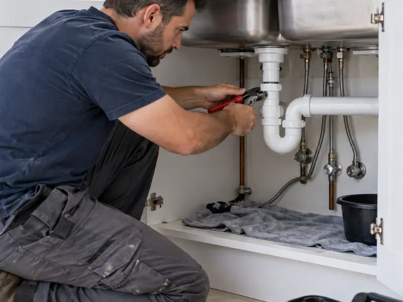 Plumber using a pipe wrench to repair the drain trap under a double kitchen sink.