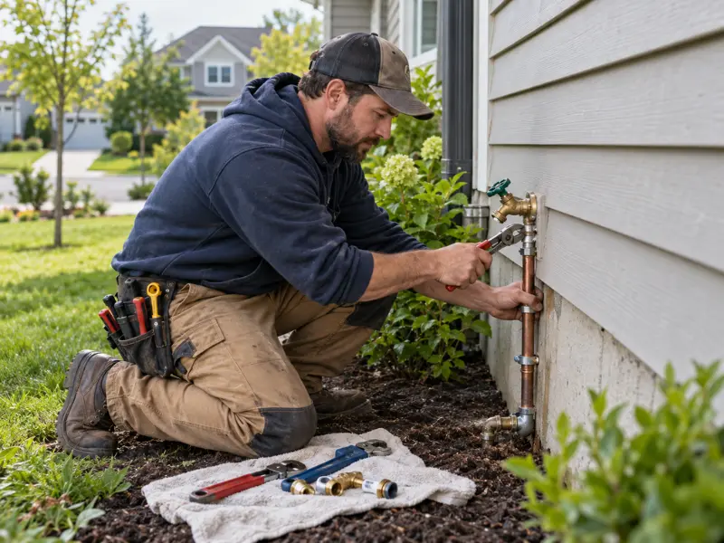 Plumber repairing an exterior copper water line and outdoor faucet beside a residential home.