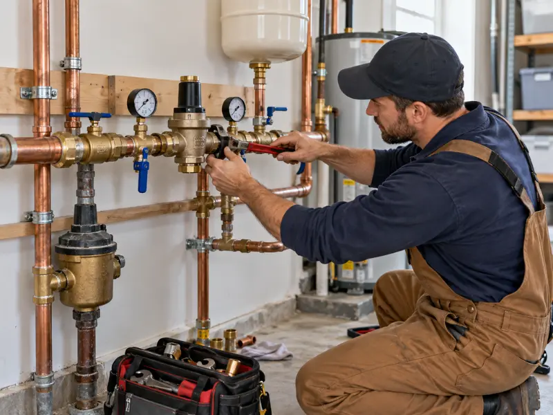 Plumber adjusting a residential water pressure regulator and copper plumbing lines in a utility room.