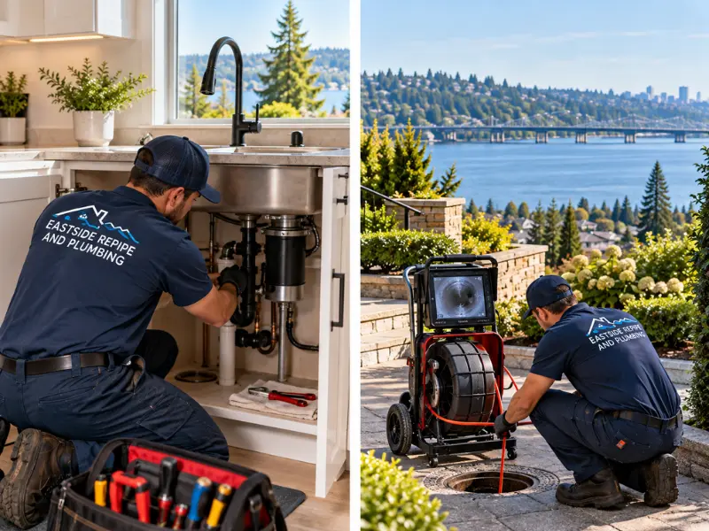 Eastside Repipe and Plumbing technician repairing kitchen sink drain and garbage disposal plumbing, next to a plumber using a sewer camera to inspect an outdoor drain.