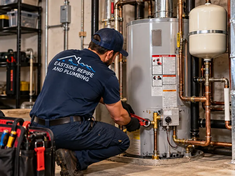 Eastside Repipe and Plumbing technician servicing a gas water heater with copper piping and an expansion tank in a home utility room.